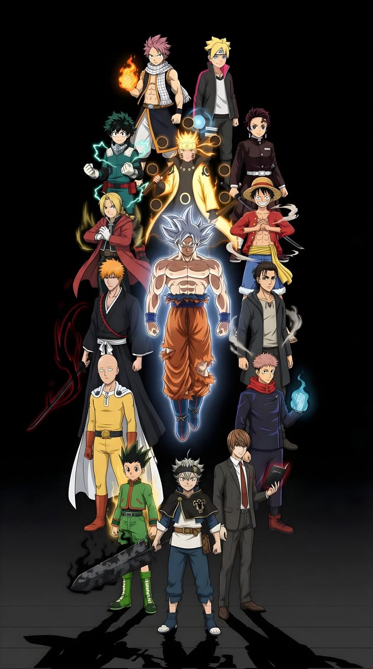 Arte com heróis de anime reunidos em fundo escuro — referência de Edit do Eremita