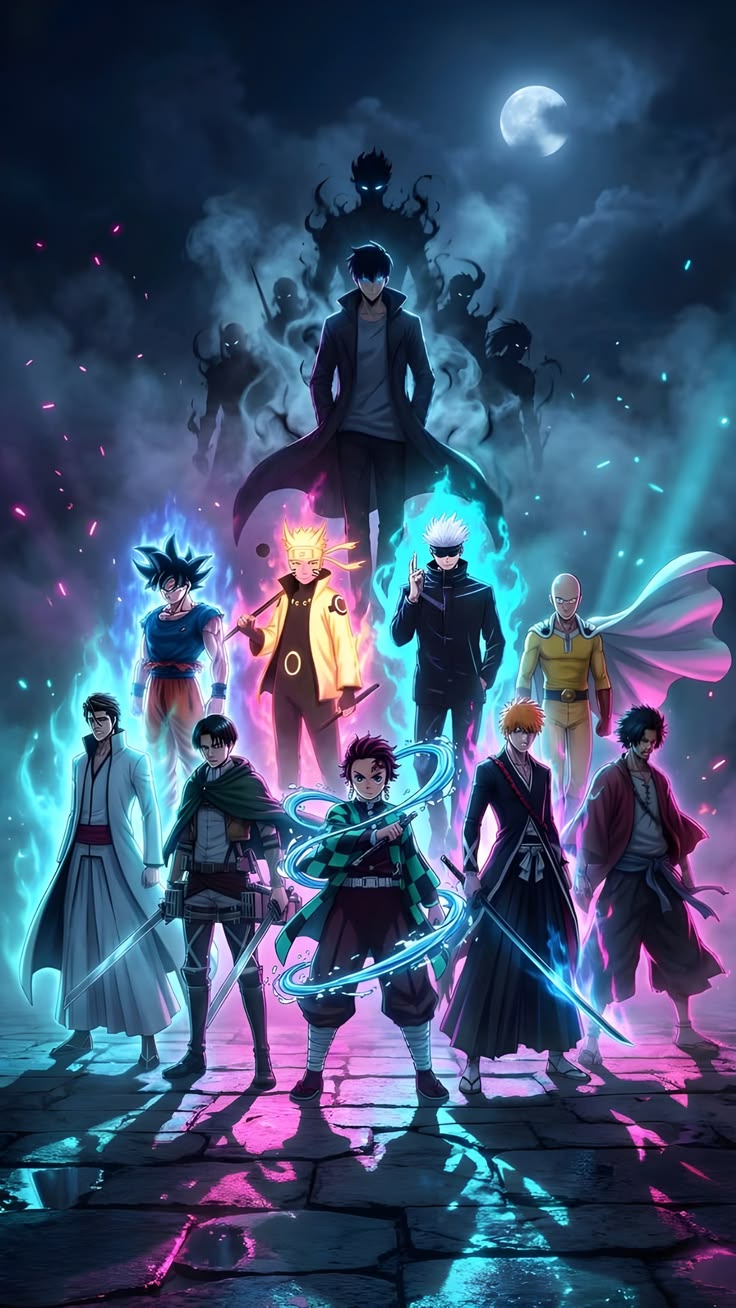Arte cinematográfica de heróis de anime com energia neon azul e rosa